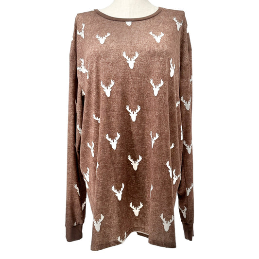 LuLaRoe Top Unisex Hudson 3XL Brown White Deer Heads LS Crew Neck Hi Low Hem EUC