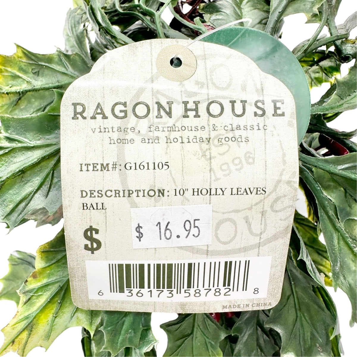 Ragon House Holly Leaves Ball Red and Green Faux Holiday Décor 10" Christmas NWT