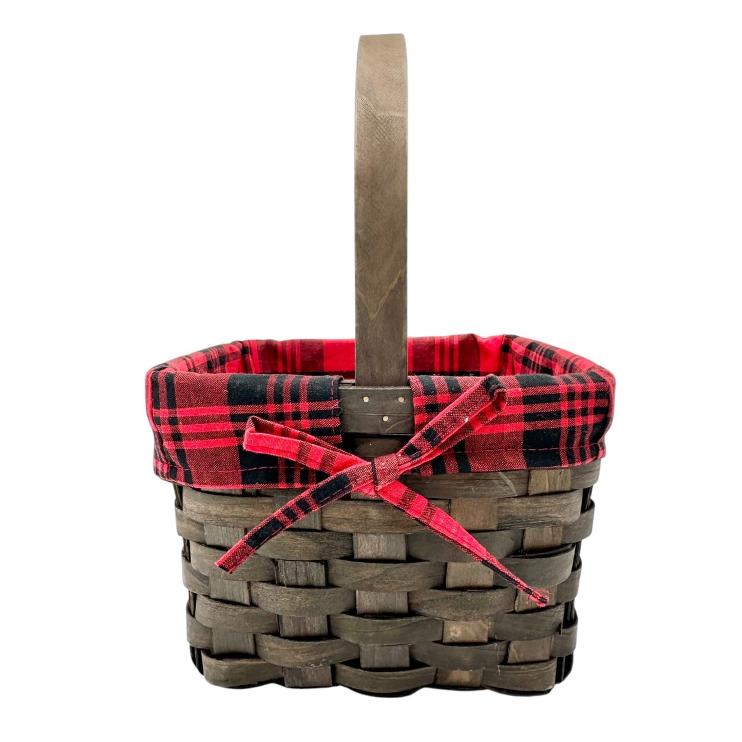 Woven Wood Basket With Red and Black Plaid Lining & Handle 11 x 6 x 6