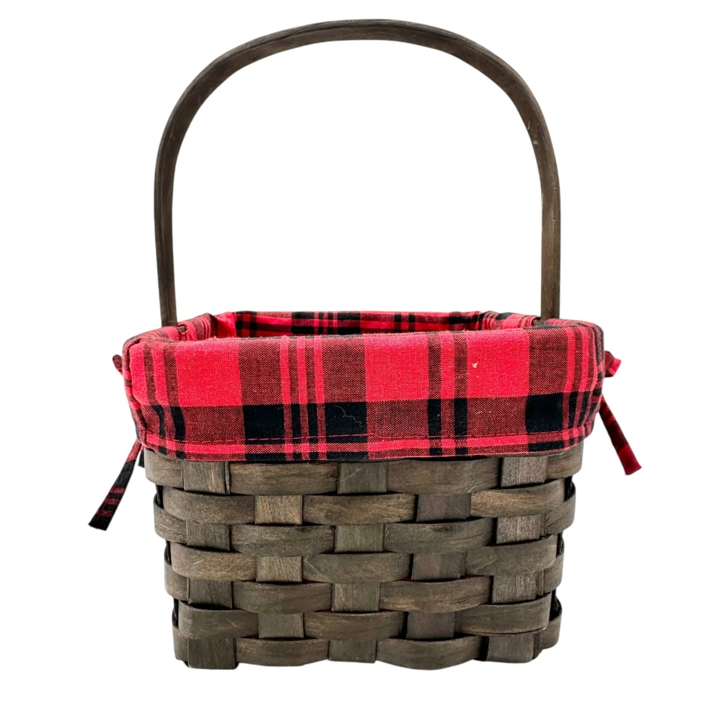 Woven Wood Basket With Red and Black Plaid Lining & Handle 11 x 6 x 6