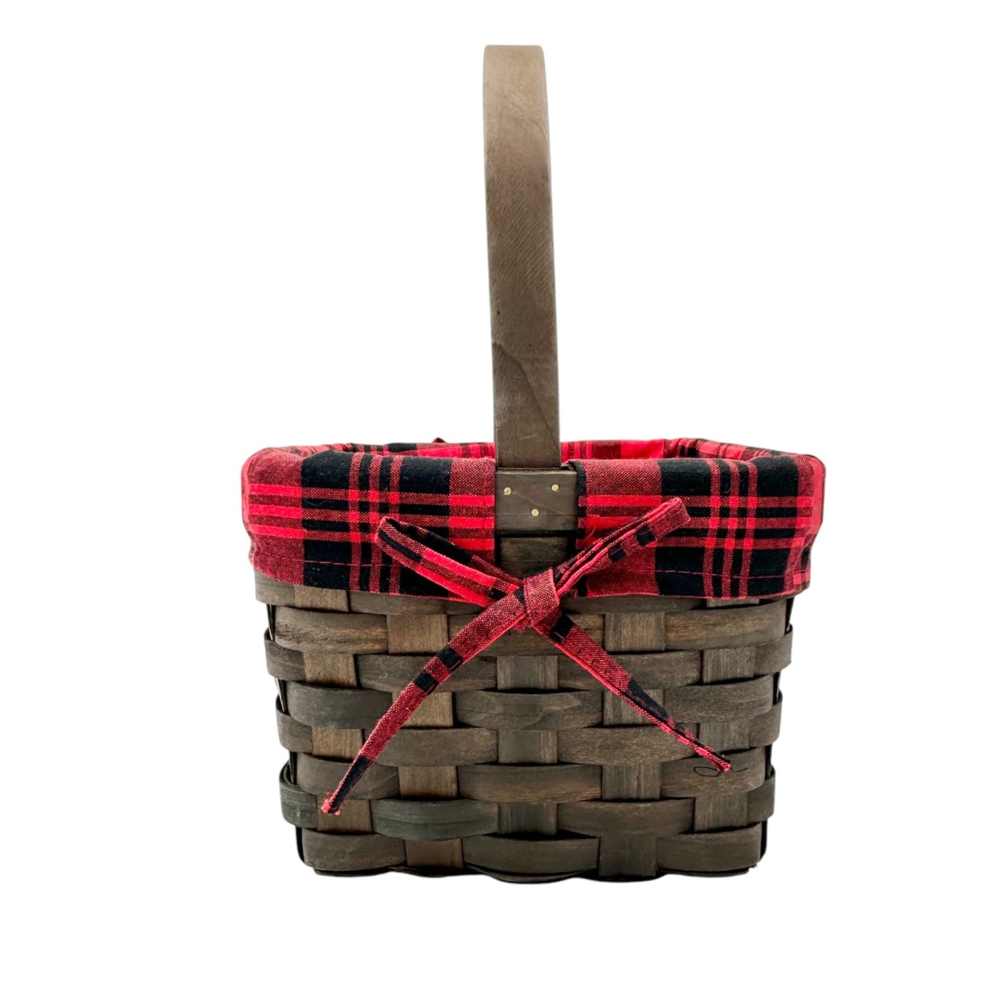 Woven Wood Basket With Red and Black Plaid Lining & Handle 11 x 6 x 6