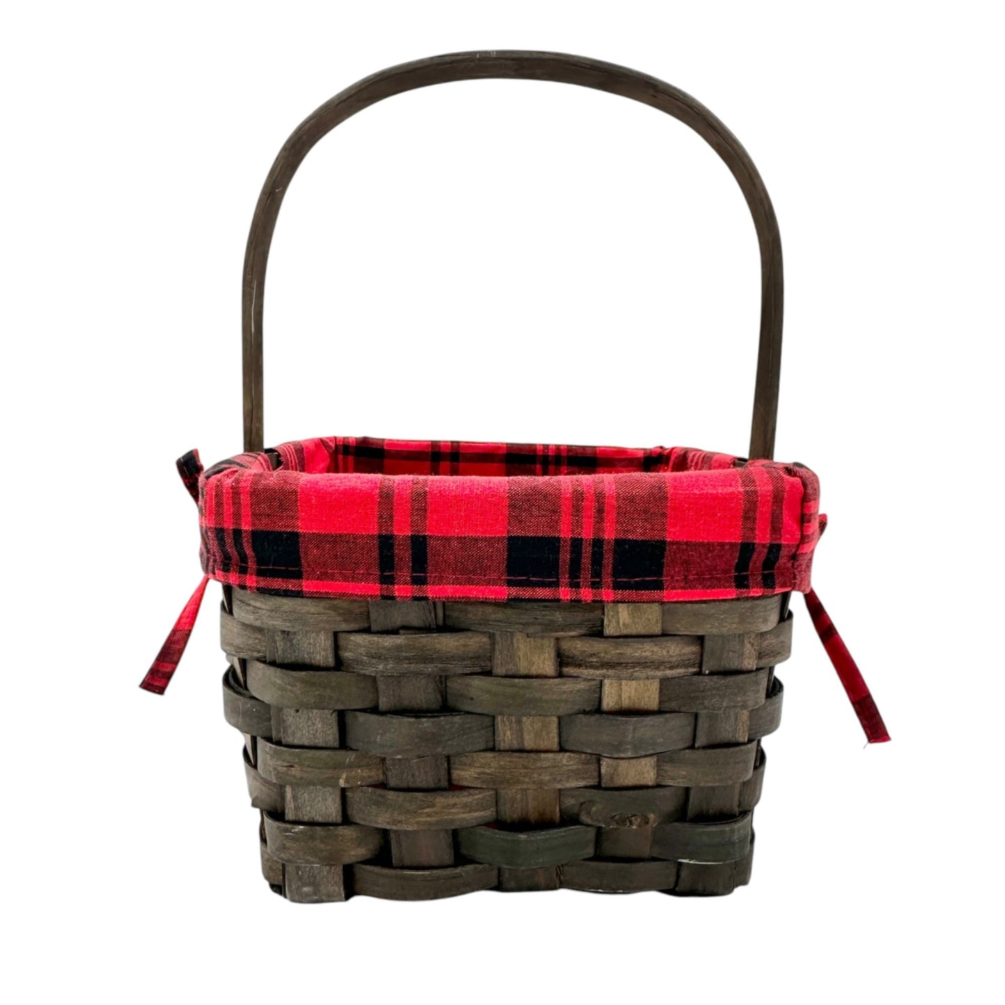 Woven Wood Basket With Red and Black Plaid Lining & Handle 11 x 6 x 6