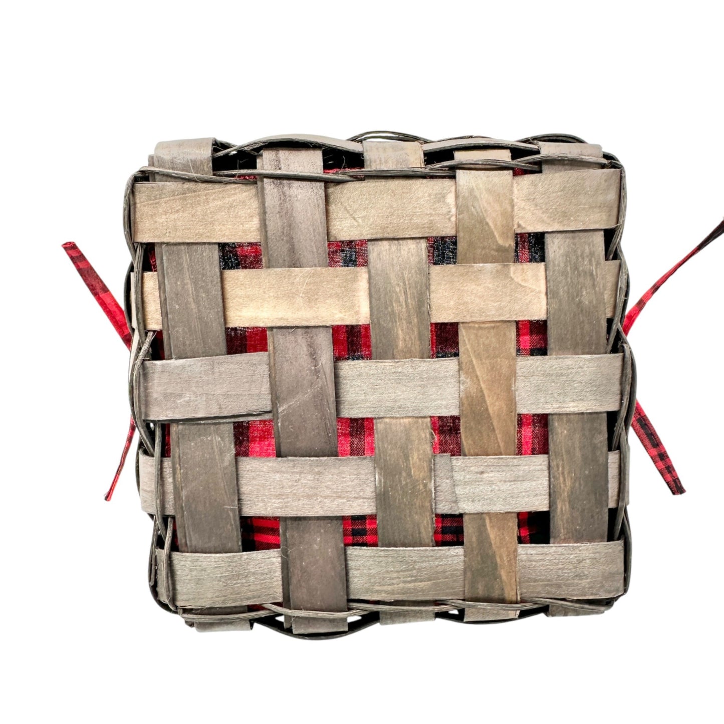 Woven Wood Basket With Red and Black Plaid Lining & Handle 11 x 6 x 6