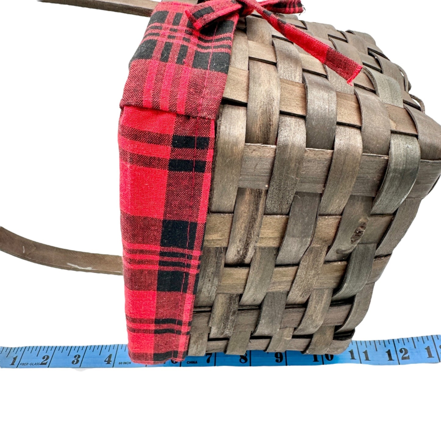 Woven Wood Basket With Red and Black Plaid Lining & Handle 11 x 6 x 6