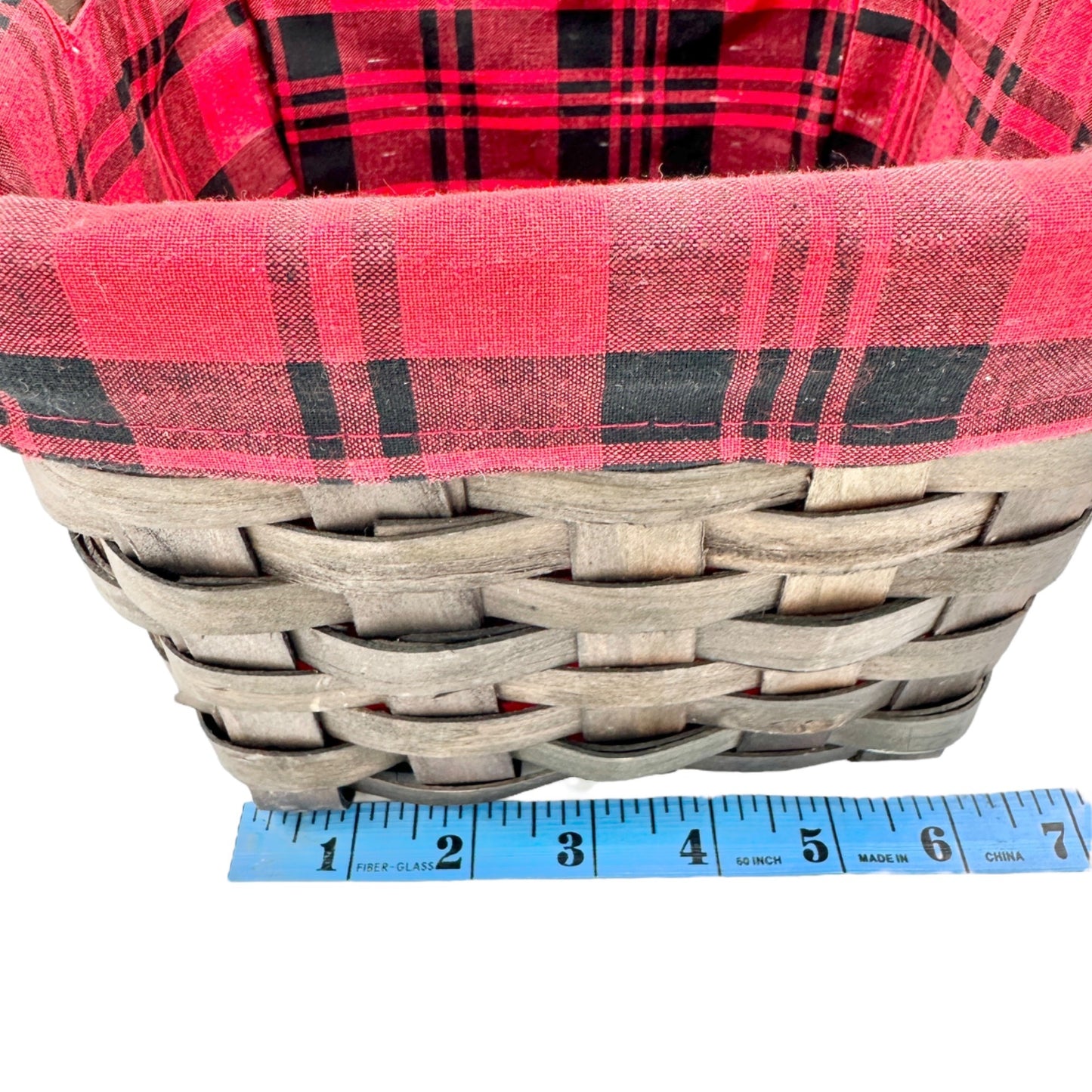 Woven Wood Basket With Red and Black Plaid Lining & Handle 11 x 6 x 6