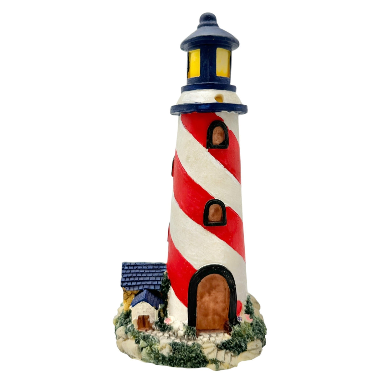 Hand Painted Lighthouse Figurine Blue Red White Stripes Coastal Decor Accent 8"H
