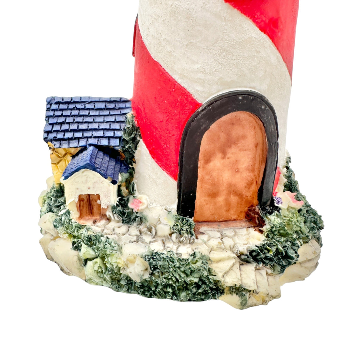 Hand Painted Lighthouse Figurine Blue Red White Stripes Coastal Decor Accent 8"H
