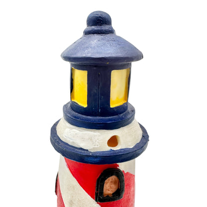 Hand Painted Lighthouse Figurine Blue Red White Stripes Coastal Decor Accent 8"H