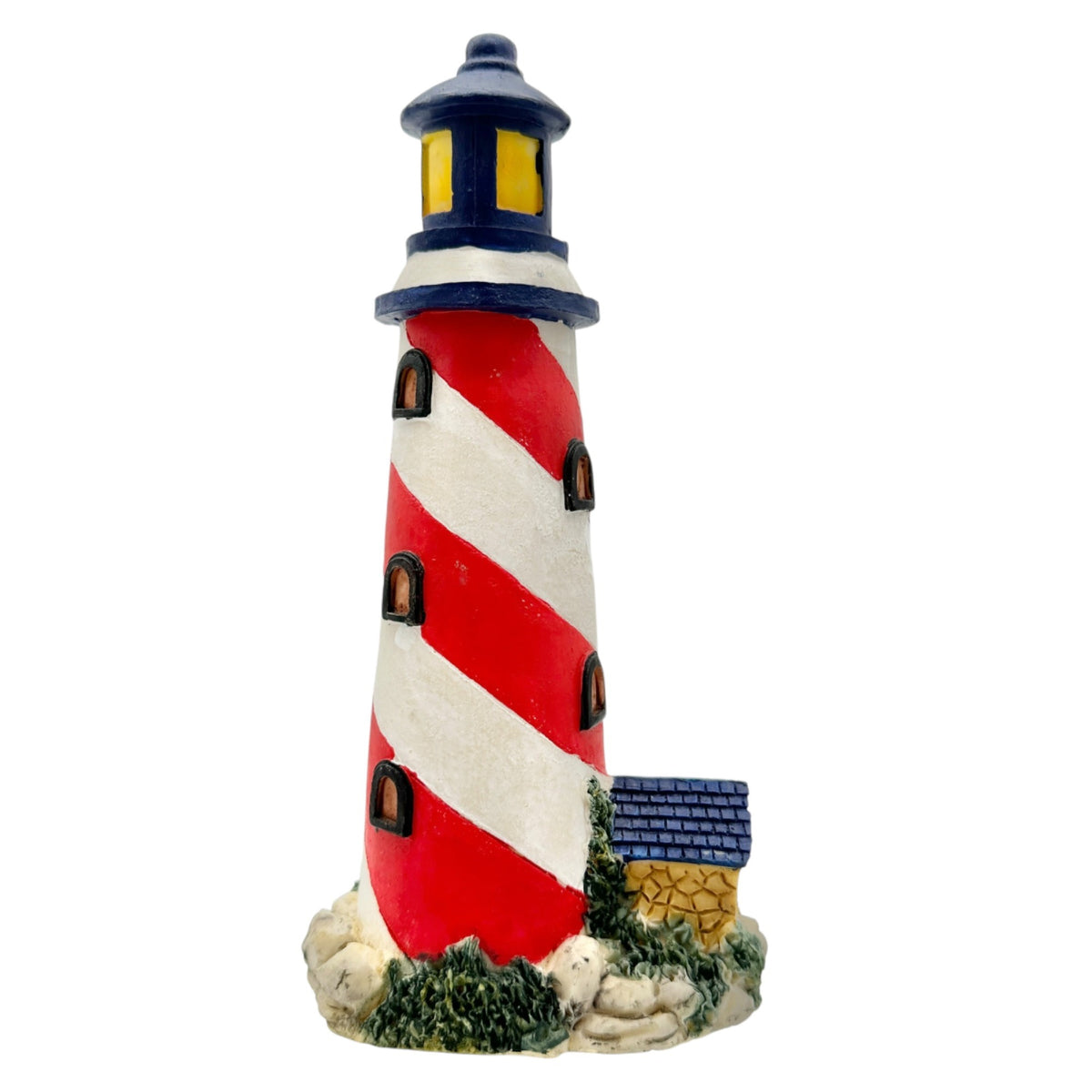 Hand Painted Lighthouse Figurine Blue Red White Stripes Coastal Decor Accent 8"H