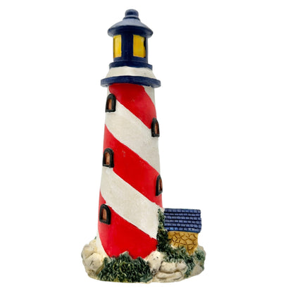 Hand Painted Lighthouse Figurine Blue Red White Stripes Coastal Decor Accent 8"H