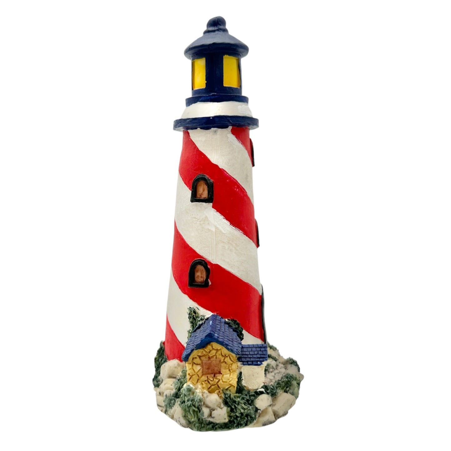 Hand Painted Lighthouse Figurine Blue Red White Stripes Coastal Decor Accent 8"H