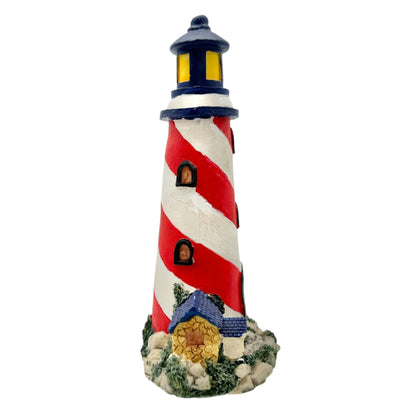 Hand Painted Lighthouse Figurine Blue Red White Stripes Coastal Decor Accent 8"H