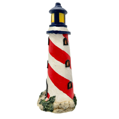 Hand Painted Lighthouse Figurine Blue Red White Stripes Coastal Decor Accent 8"H