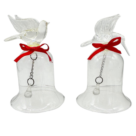 Pair of Vintage Clear Glass Bells Dove and Hummingbird with Red Bows 3.5" Tall