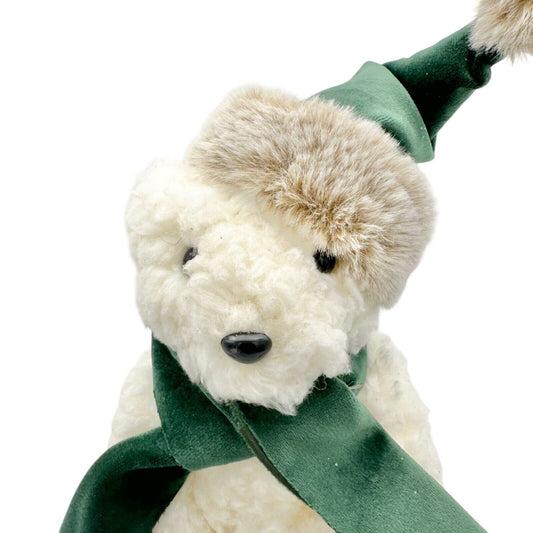 Winter Bear Stands Up Figurine Off-White Fleece with Green Velvet Scarf and Hat