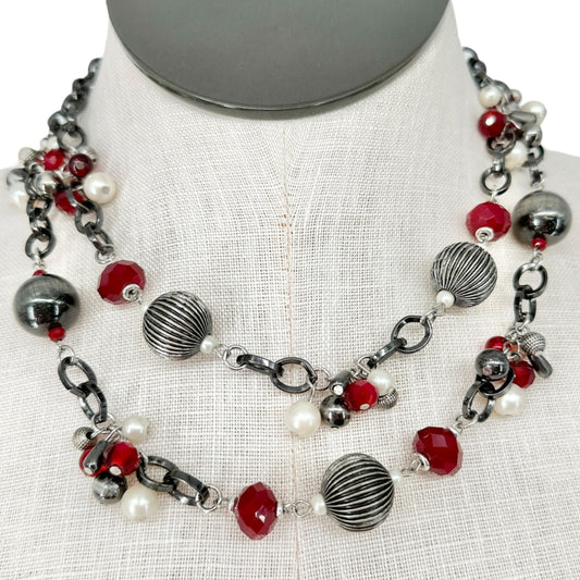 Vintage Premier Designs Necklace Red White Silvertone Multi-Strand Chunky Chain