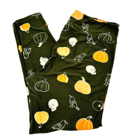 LuLaRoe Leggings TC2 Buttery Soft Olive Green Pumpkins Ravens Skulls Halloween Fall