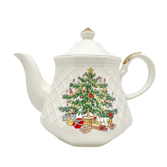 Christmas Tea Pot 6 inch Cream Gold Trim Tree Presents (small chip on spout)