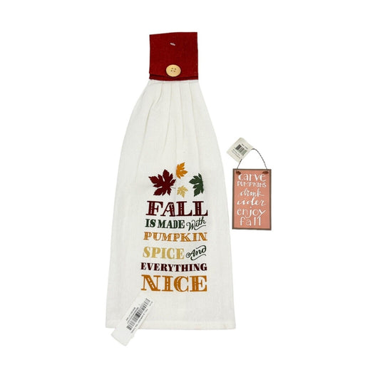 Fall Themed Towel Sign Set Dish Towel 20 x 8 in Beige Metal Sign 5 x 2.5 in NWT