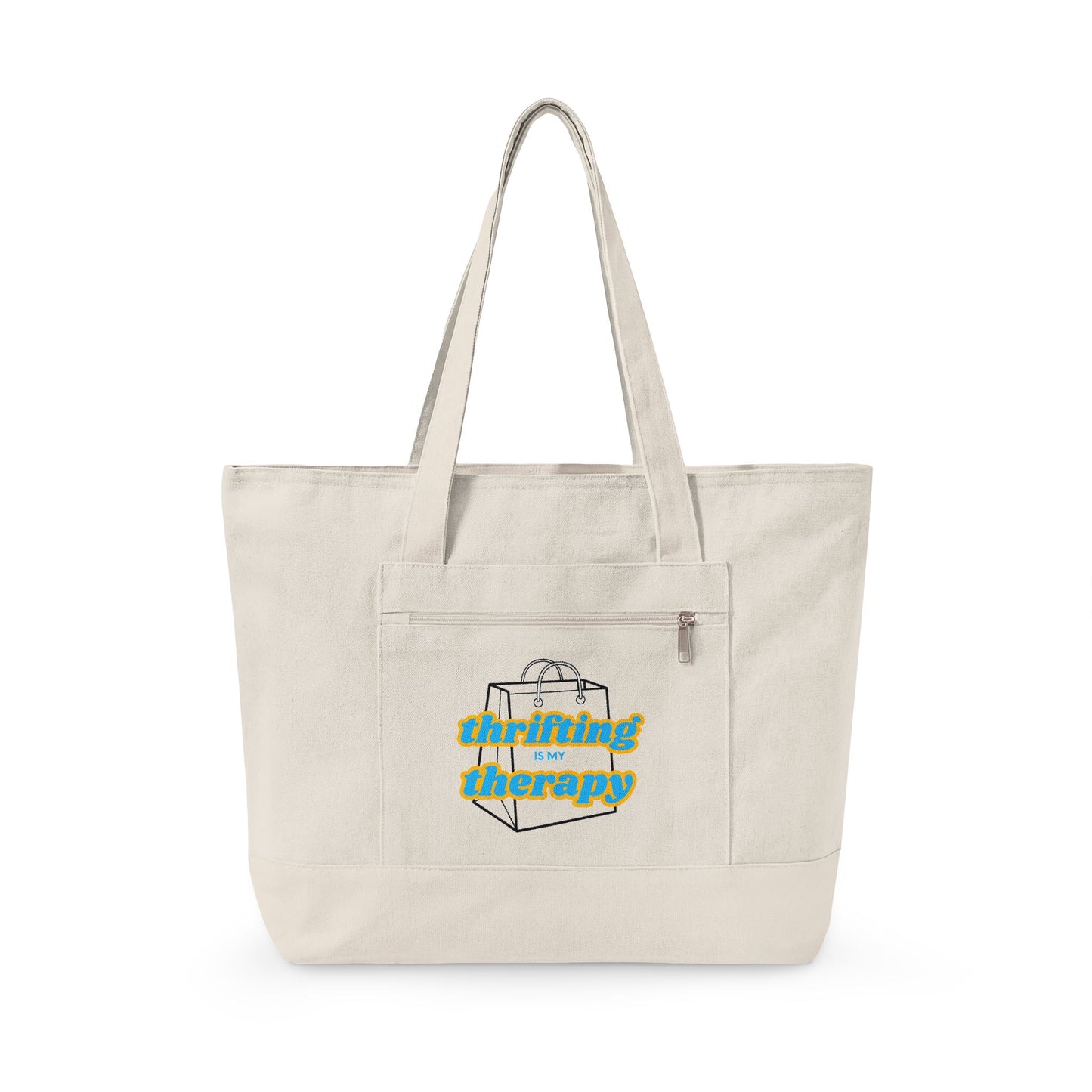 Zippered Canvas Tote Bag with Front Pocket - Thrifting is my Therapy