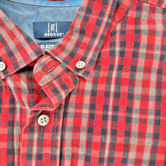 George Classic Fit Plaid Shirt Mens 2XL 50-52 Red Blue LS Button-Down Collar