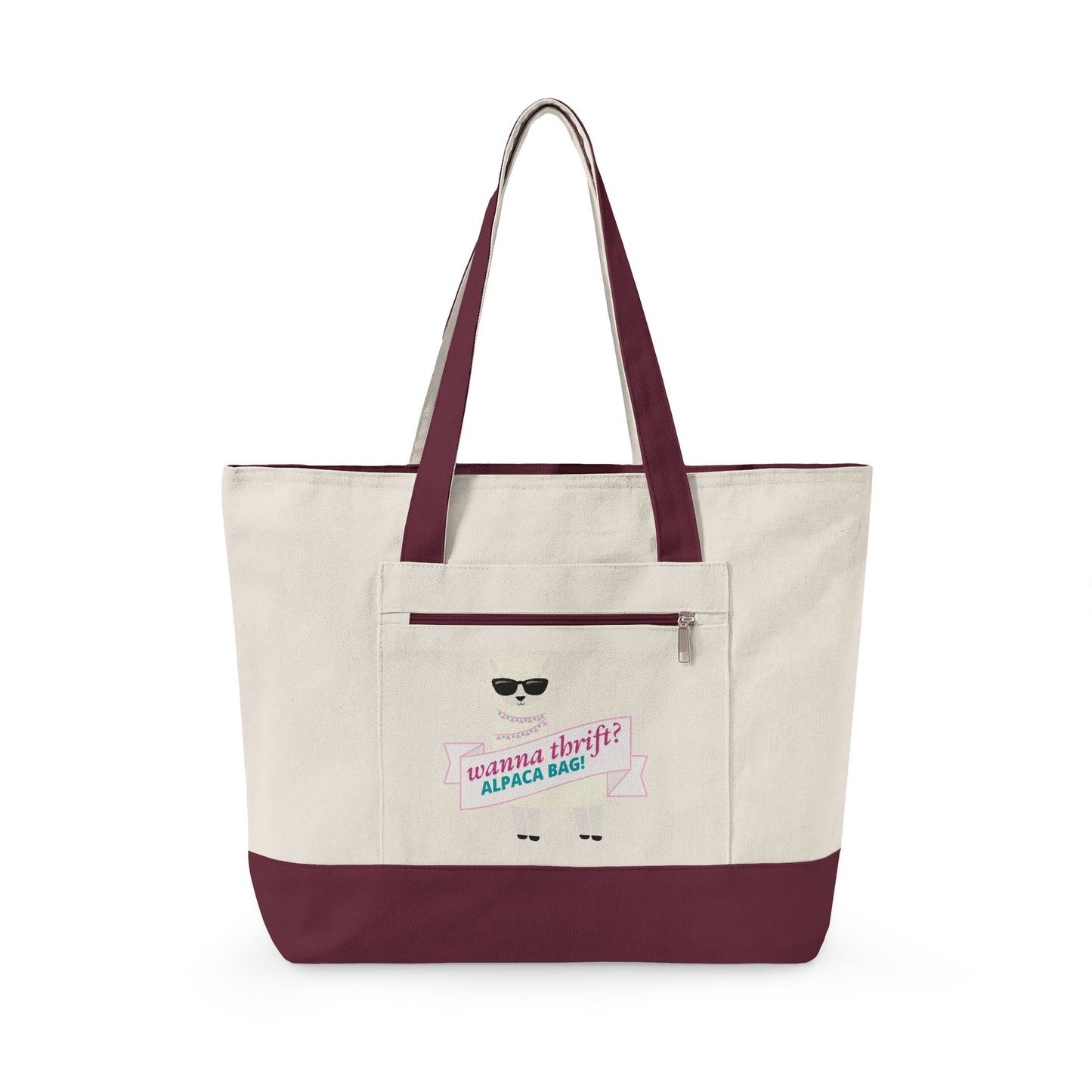 Zippered Canvas Tote Bag with Front Pocket - Wanna Thrift? Alpaca Bag