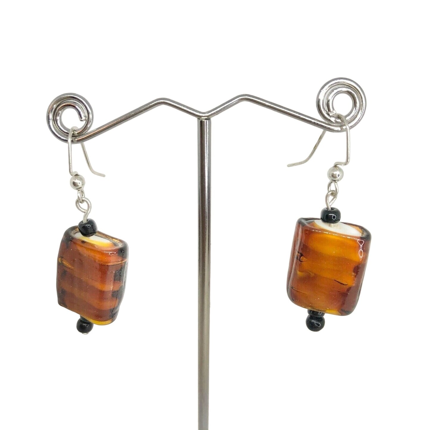 Handcrafted Beaded Earrings Brown & Black Glass Beads Silver Hooks Jewelry NEW