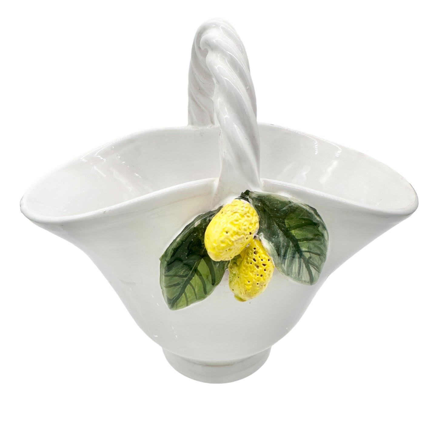 Handmade Ceramic Pottery Basket White with Lemon Leaf Design Vallauris France