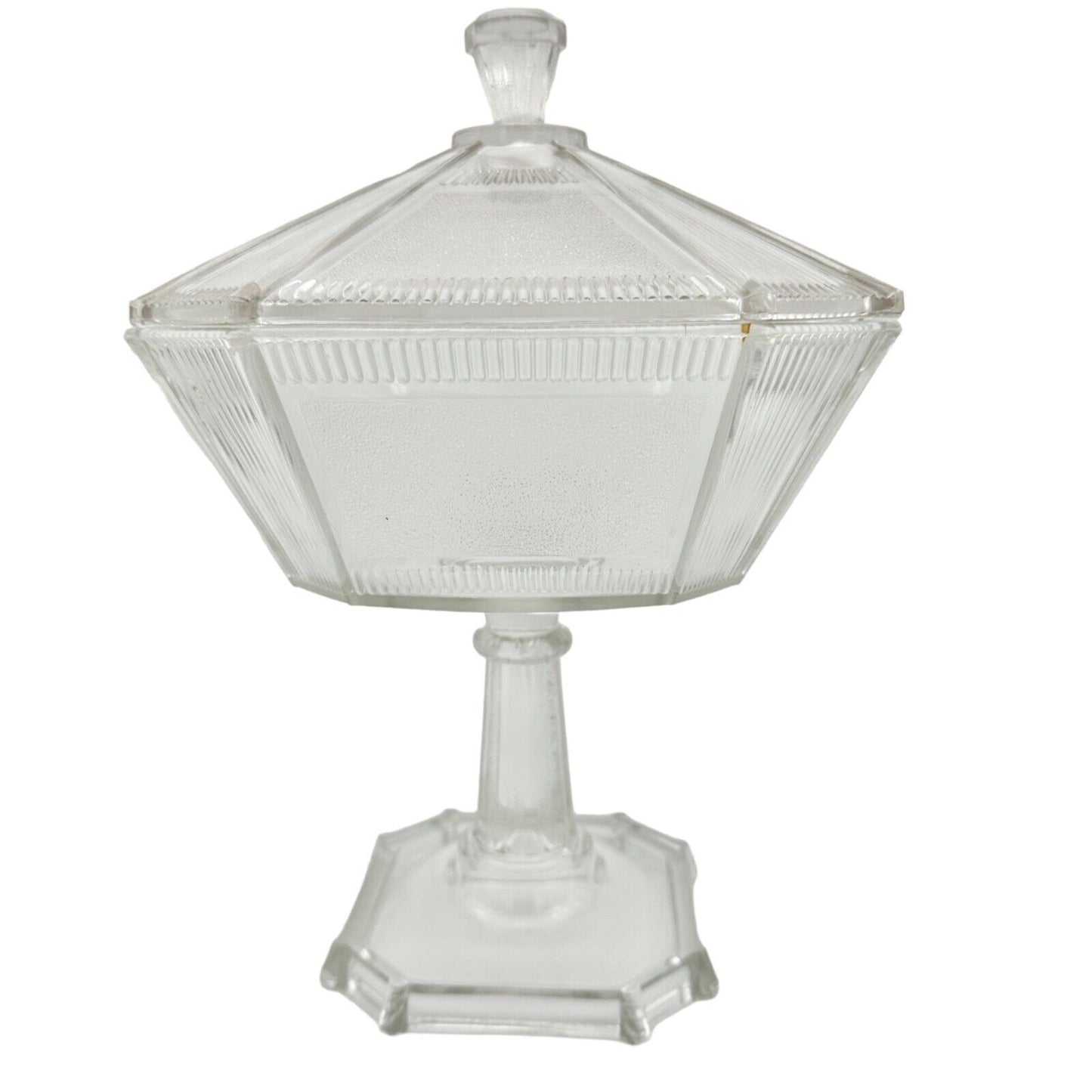 Vintage Art Deco Covered Pedestal Dish 12 x 8 Clear Glass Faceted Multi-Sided