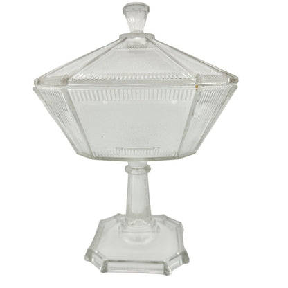 Vintage Art Deco Covered Pedestal Dish 12 x 8 Clear Glass Faceted Multi-Sided