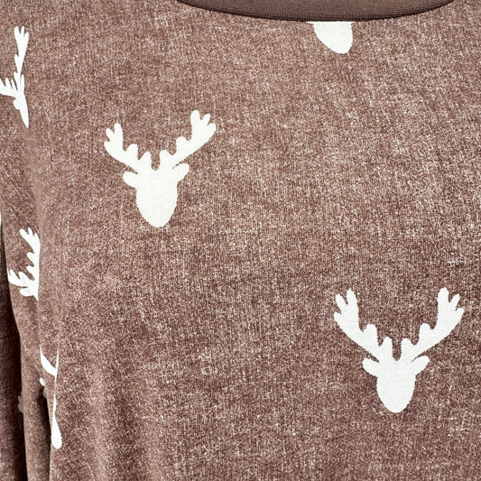 LuLaRoe Top Unisex Hudson 3XL Brown White Deer Heads LS Crew Neck Hi Low Hem EUC