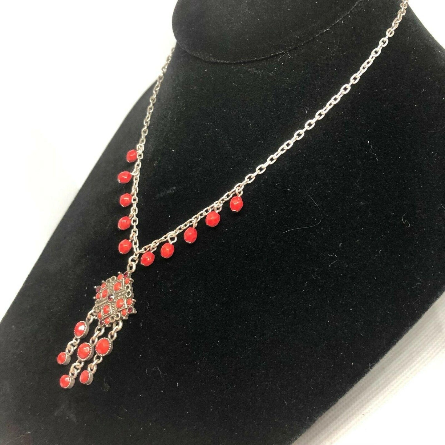 Silvertone & Two Shades of Red Beaded Necklace With Extender