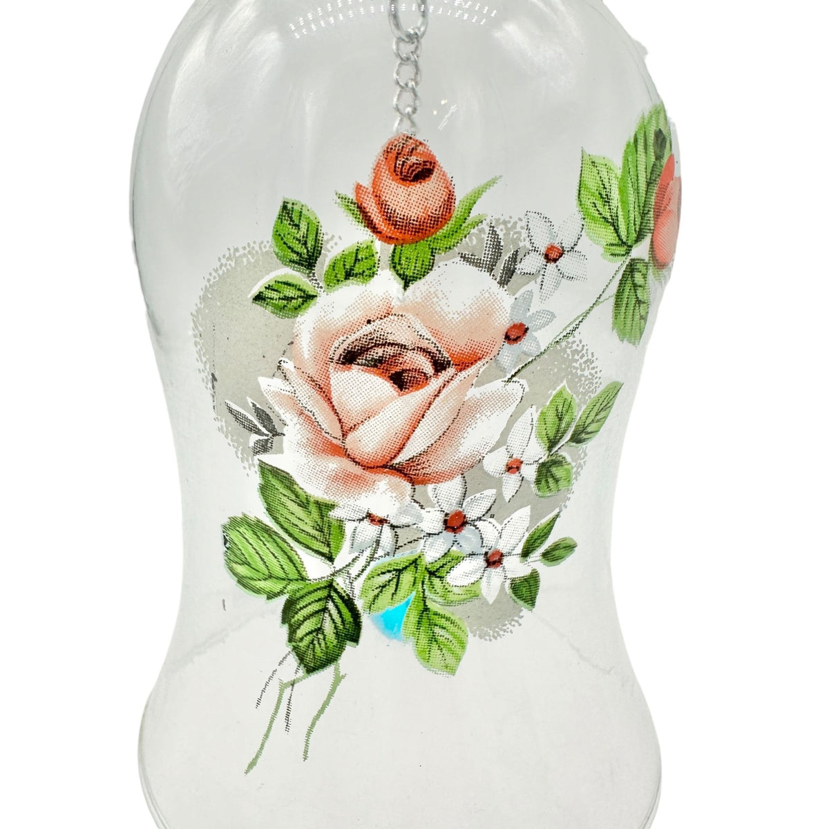 Hand Painted Clear Glass Bell Floral Design Blue Clapper Elegant Decor Piece 7"H