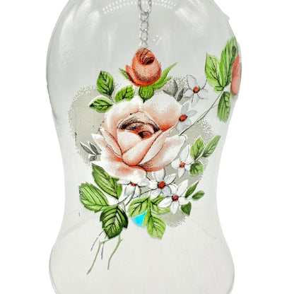 Hand Painted Clear Glass Bell Floral Design Blue Clapper Elegant Decor Piece 7"H