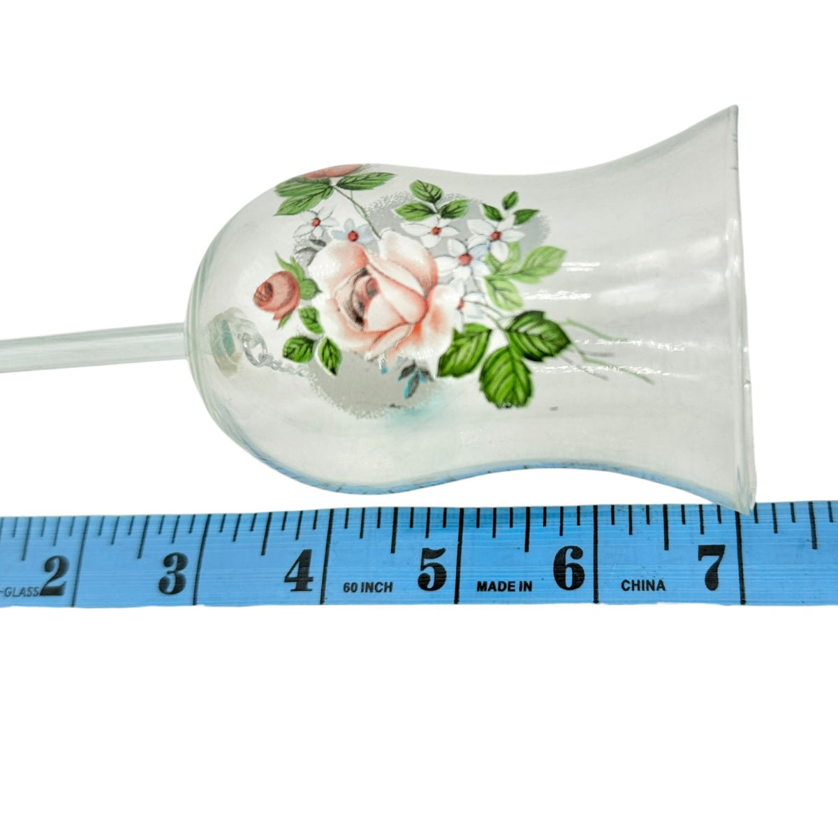 Hand Painted Clear Glass Bell Floral Design Blue Clapper Elegant Decor Piece 7"H