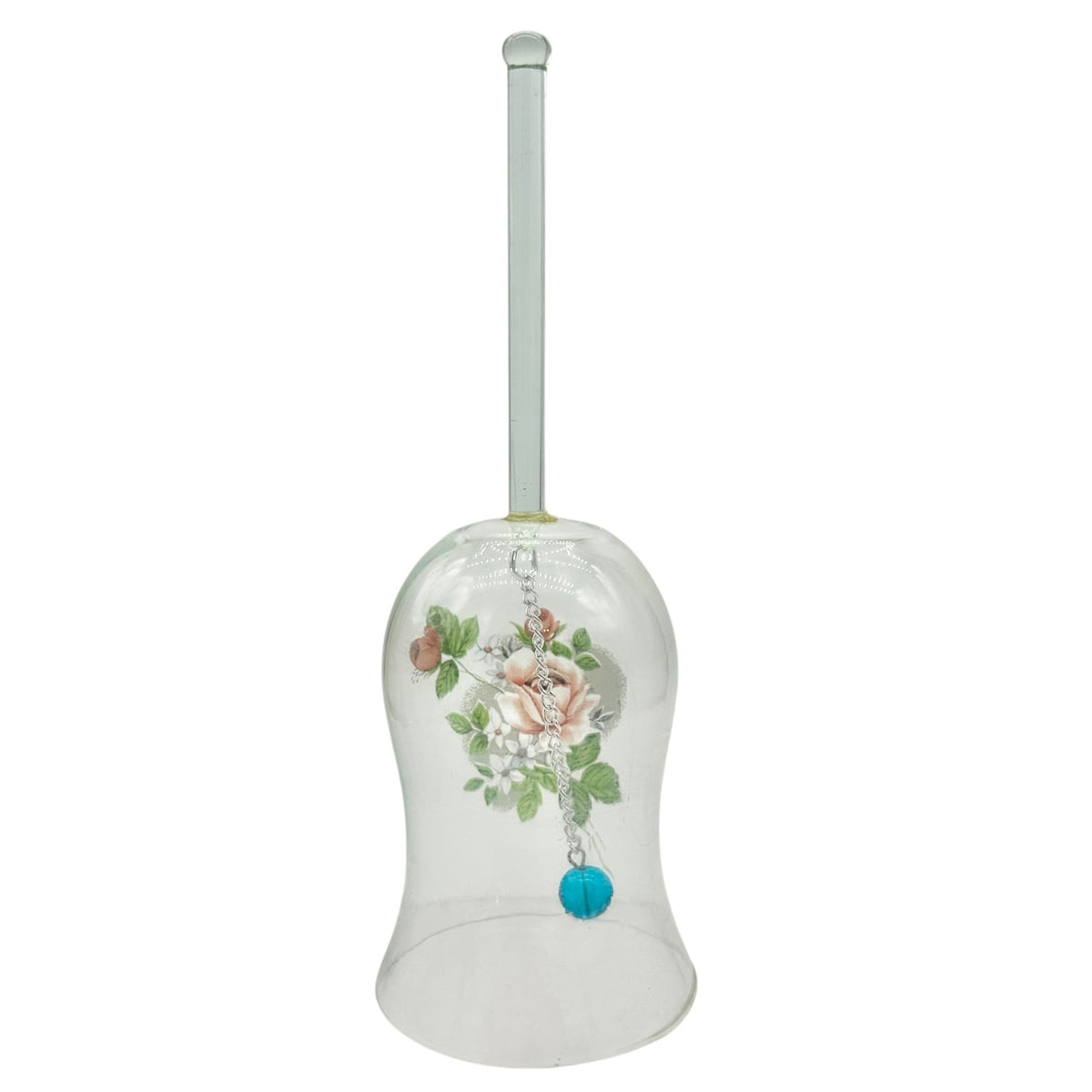 Hand Painted Clear Glass Bell Floral Design Blue Clapper Elegant Decor Piece 7"H