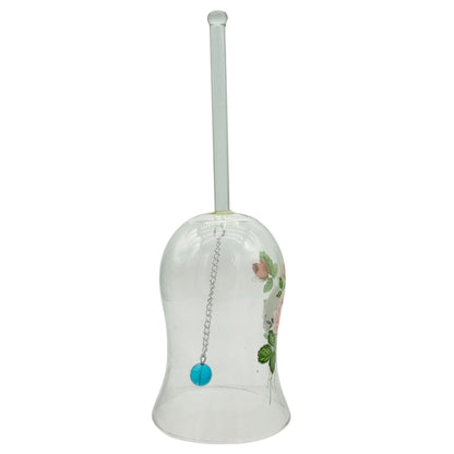 Hand Painted Clear Glass Bell Floral Design Blue Clapper Elegant Decor Piece 7"H