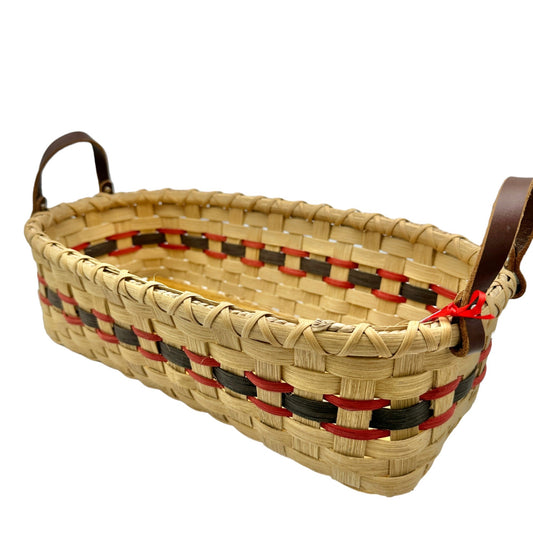 Handmade Basket Bread Basket Red and Green Accent Leather Handles Wood Base