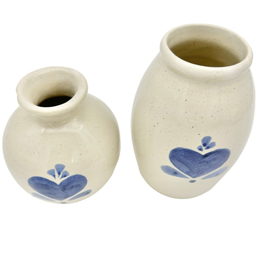 Pair of Stoneware Crocks Off-White with Blue Heart Motif