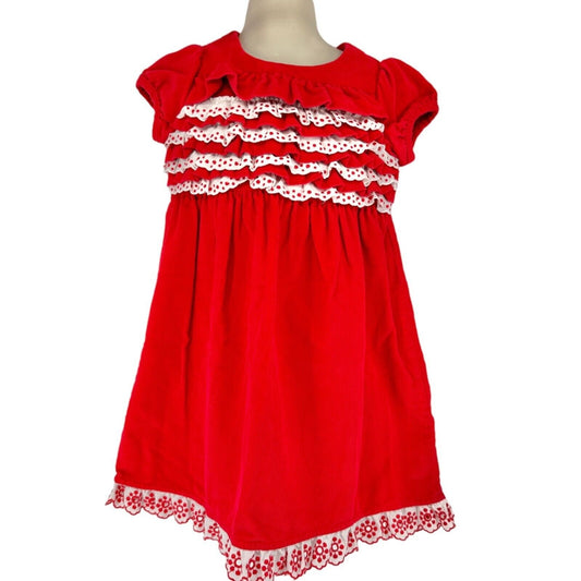 Hanna Andersson Girls 100 US 4 Dress Corduroy Red White Ruffled Cap Sleeves