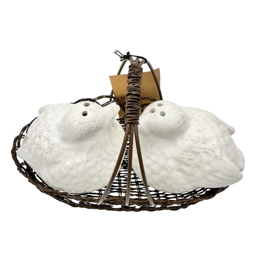 Ceramic Bird Salt & Pepper Shaker Set In Wire Basket By Creative Memphis NWT