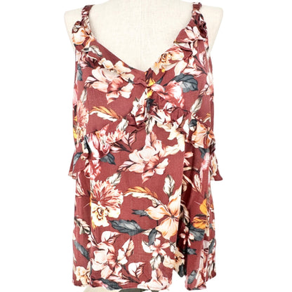 Torrid 3 Slub Ruffle Tank Top Womens Maroon Floral Sleeveless V Neck 22-24