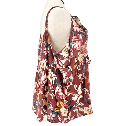 Torrid 3 Slub Ruffle Tank Top Womens Maroon Floral Sleeveless V Neck 22-24