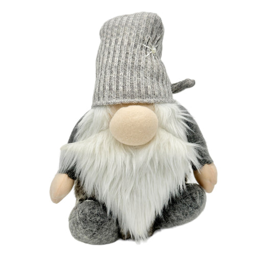 Gnome Plush Doll With Knitted Hat and Faux Fur Body Gray