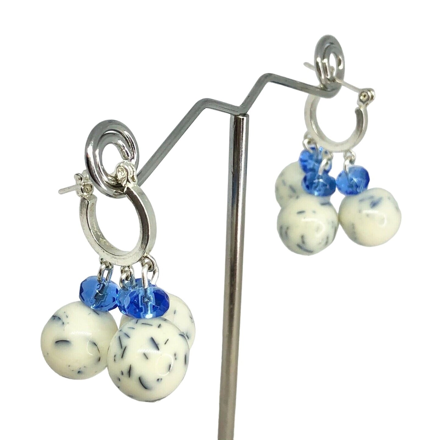 Handcrafted Beaded Earrings White & Blue Glass Beads Silver Hoop Jewelry NEW