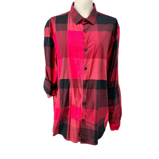 Alfani Shirt Women's XL Red Black Plaid Button Up Roll-Tab Sleeve