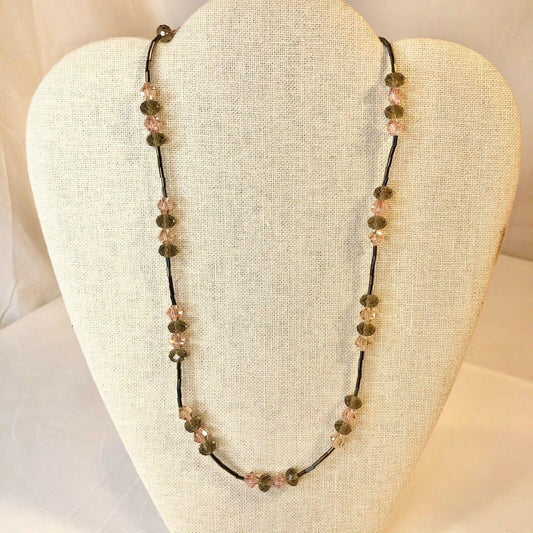 Handcrafted Beaded Necklace Brown & Pink Crystal Beads Simple Long Jewelry NEW