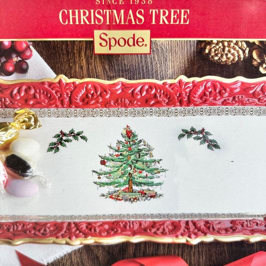 Spode Christmas Tree Sandwich Tray with Red Ribbons NIB MSRP $100