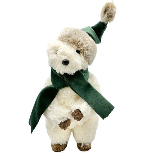 Winter Bear Stands Up Figurine Off-White Fleece with Green Velvet Scarf and Hat