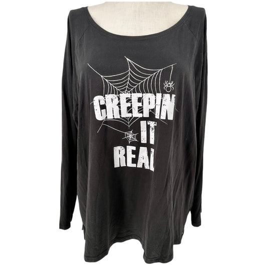 Creepin It Real Halloween Shirt Womens 3X Long Sleeve Black White Print Boat Neck